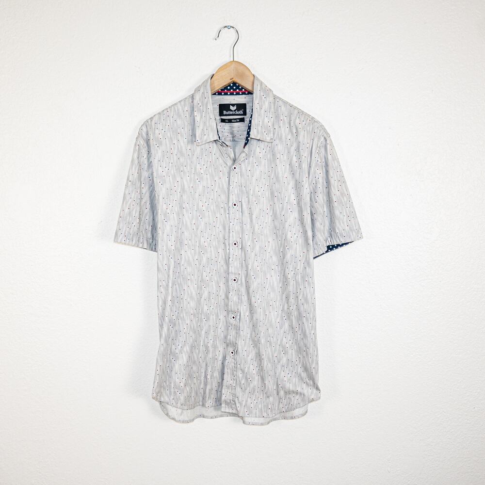 Butter Cloth Men's XL Slim fit Button up Shirt Gray print short sleeve